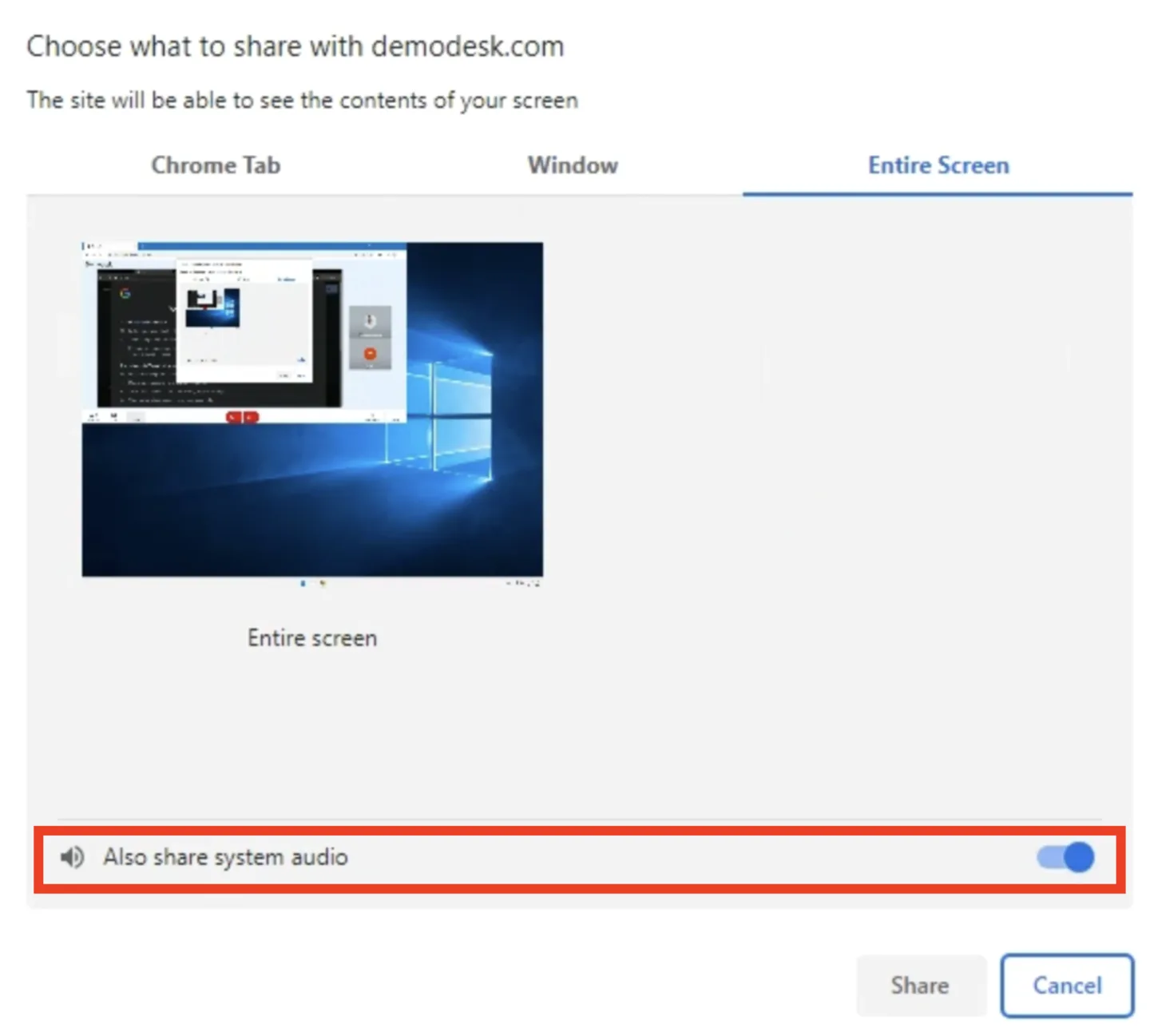 Choose what to share dialog with Entire Screen selected and Also share system audio toggled on, highlighted