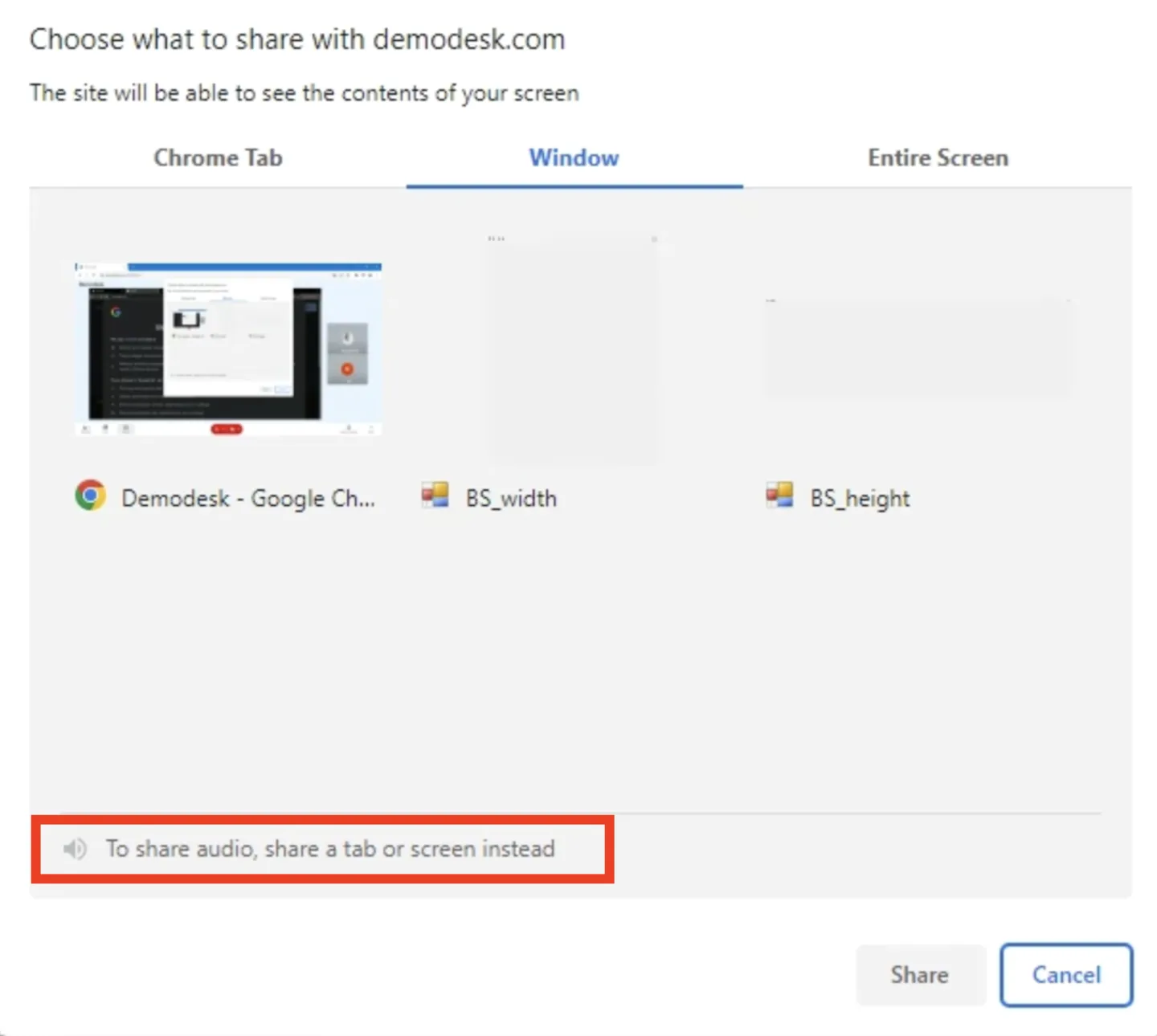 Choose what to share dialog with Window selected, showing that audio requires a tab or screen instead