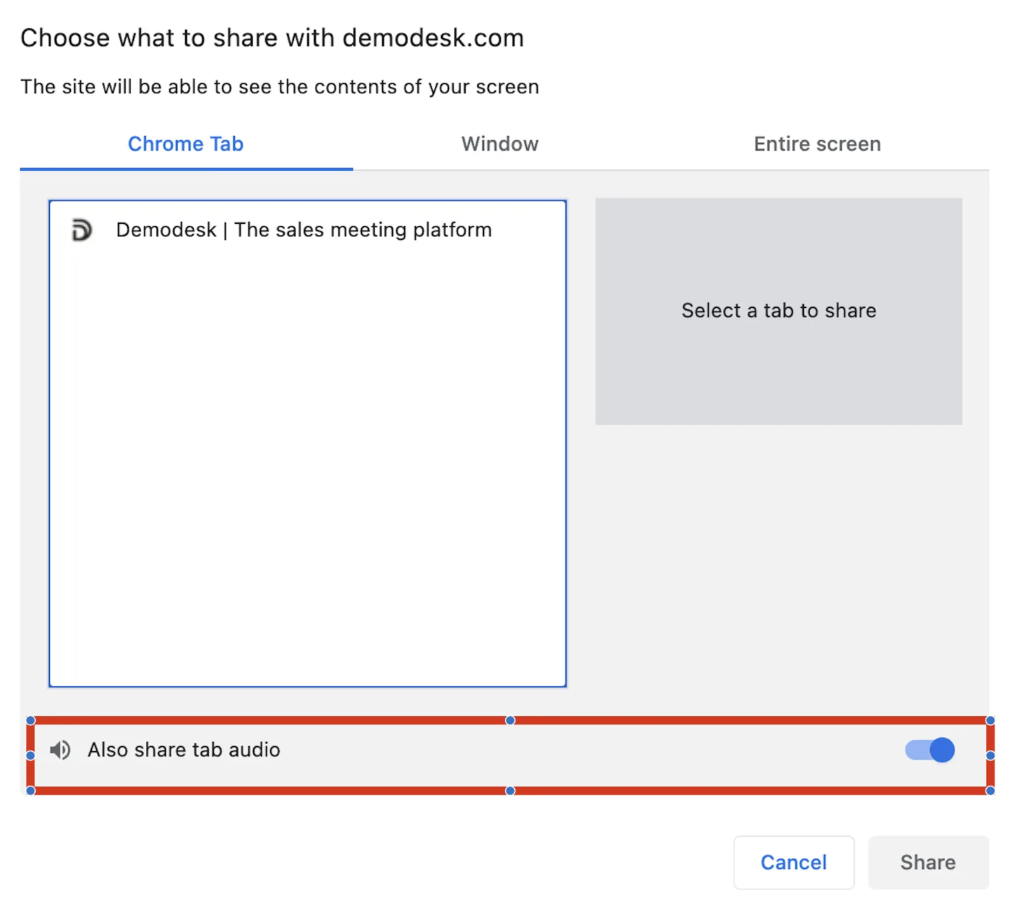 Choose what to share dialog with Chrome Tab selected and Also share tab audio toggled on, highlighted