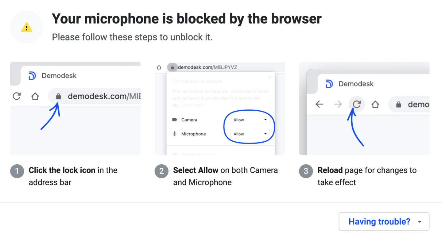 Your microphone is blocked by the browser message with three steps to allow access and reload the page