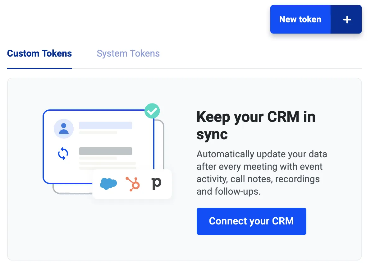 Custom Tokens tab with the Connect your CRM prompt and New token button