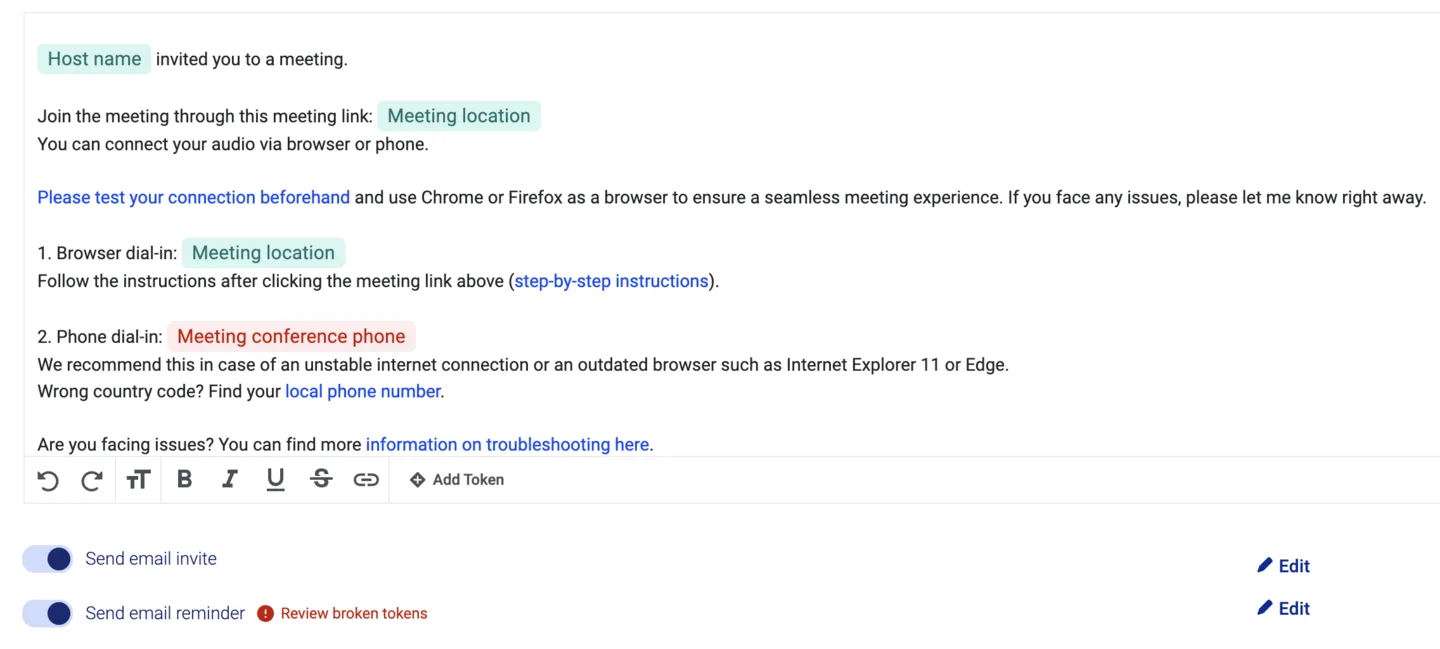 Meeting description showing the Meeting conference phone token highlighted in red because it's empty