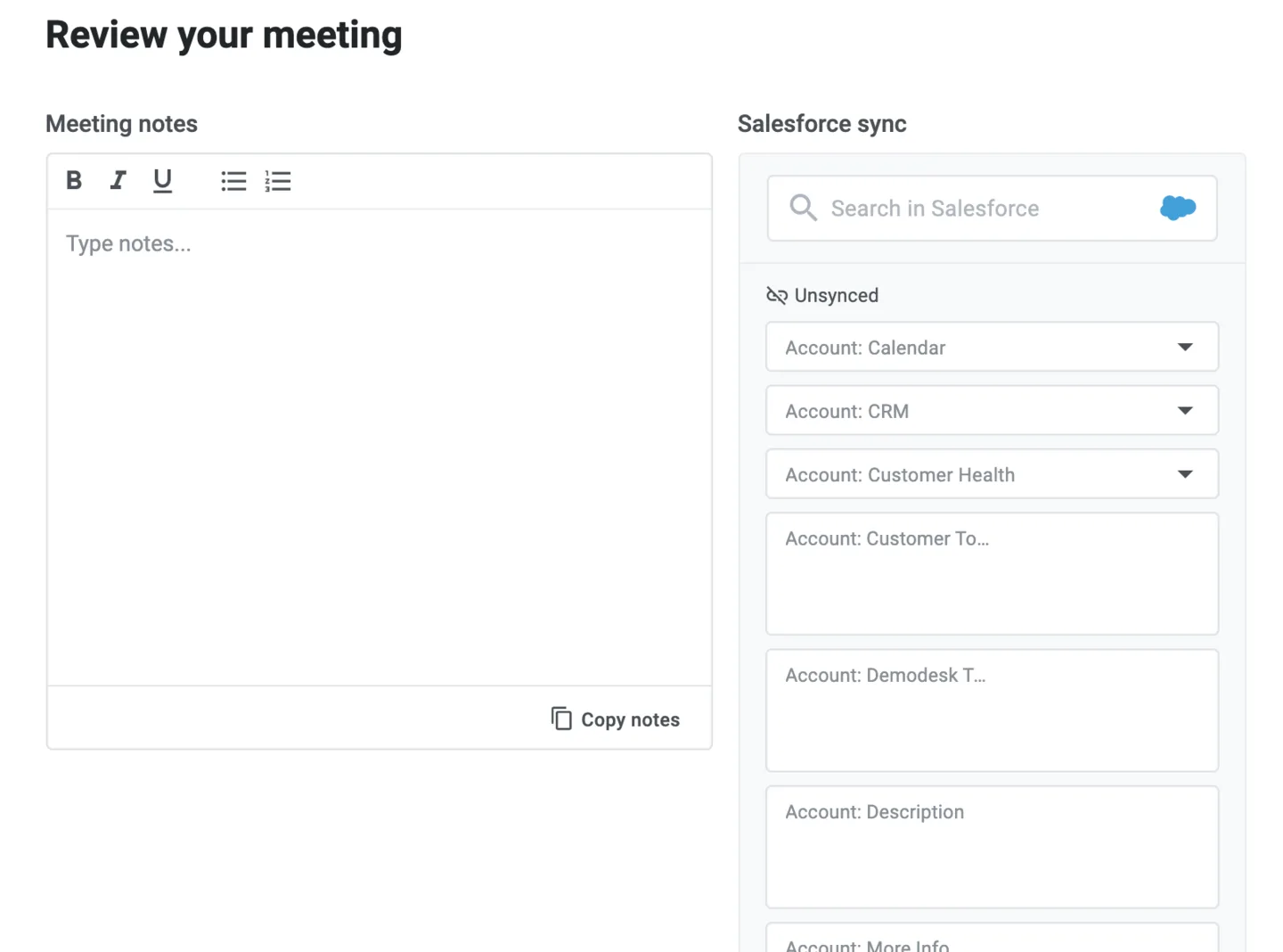 Review your meeting screen with Meeting notes and unsynced Salesforce sync fields