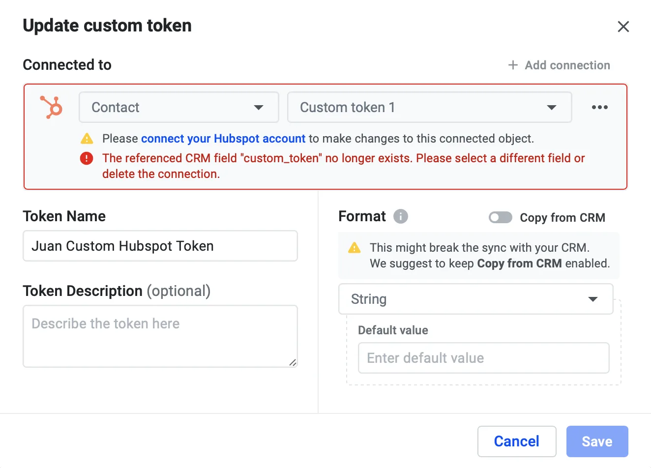 Update custom token dialog showing a CRM field error and the Copy from CRM toggle switched off