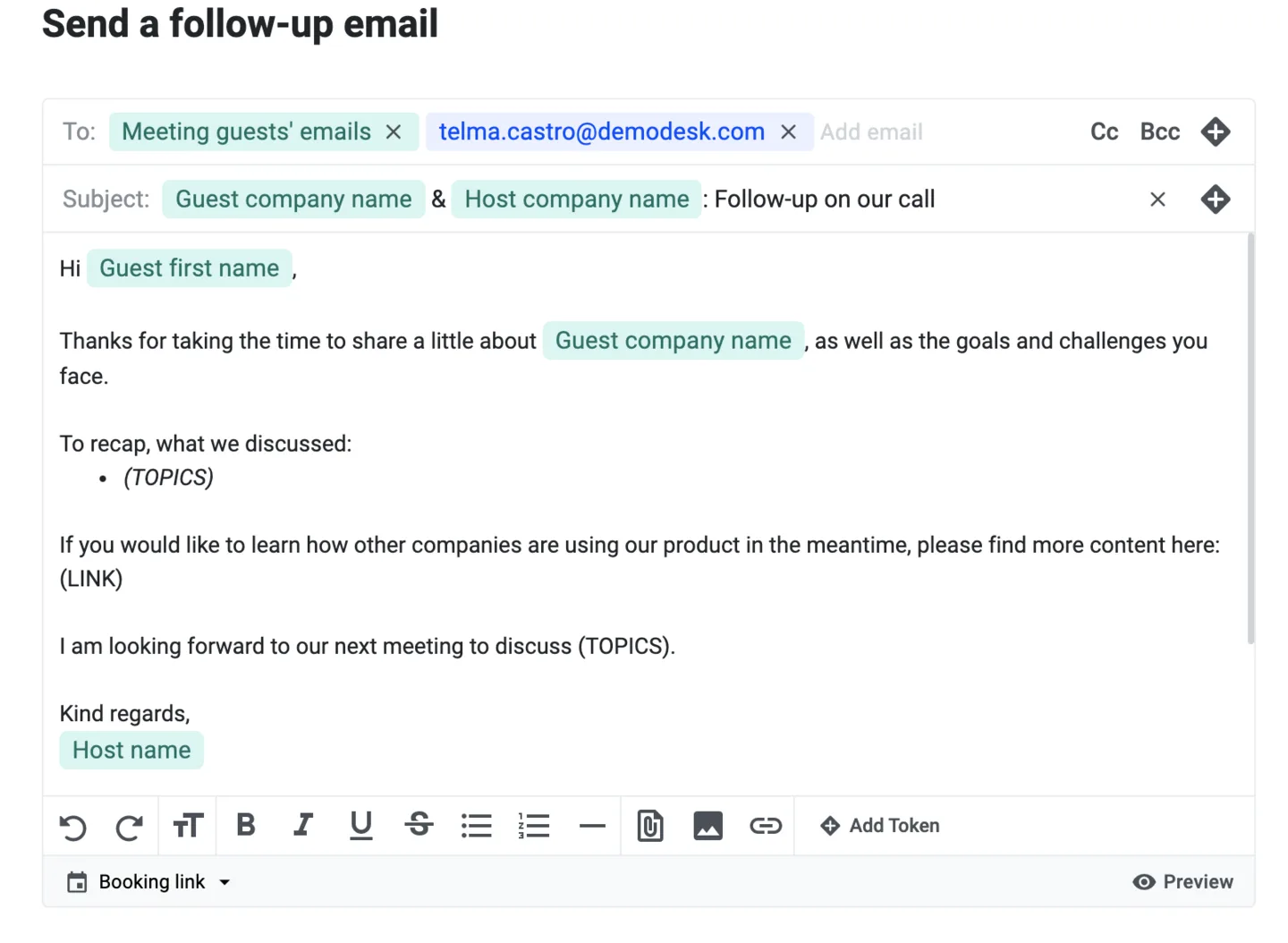 Follow-up email compose window with subject and body tokens like Guest company name filled in