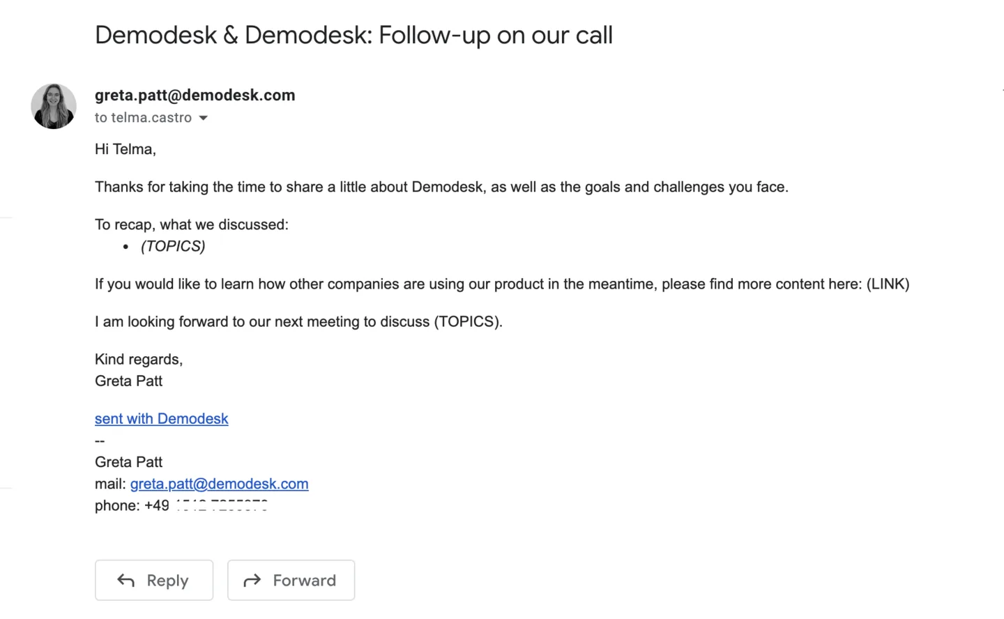 Received follow-up email showing the tokens replaced with the recipient's actual name and company