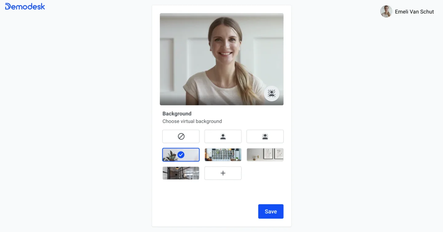 Audio onboarding preview with a plant-themed virtual background selected from a row of thumbnails