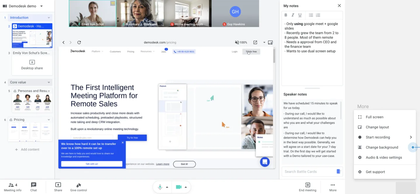In-meeting More menu open with the Change background option listed among meeting controls