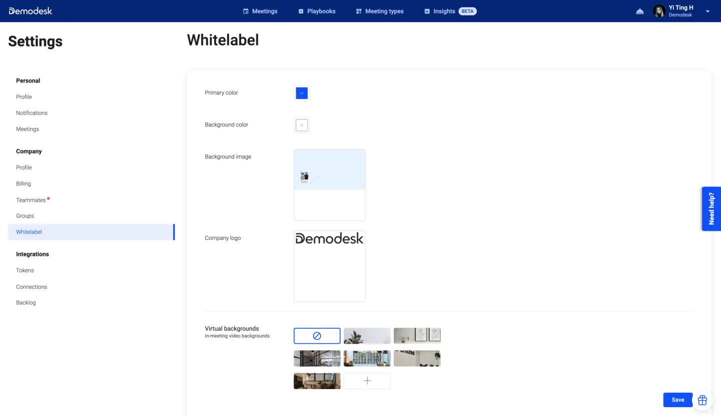 Whitelabel settings page for uploading a custom background image, company logo, and virtual backgrounds