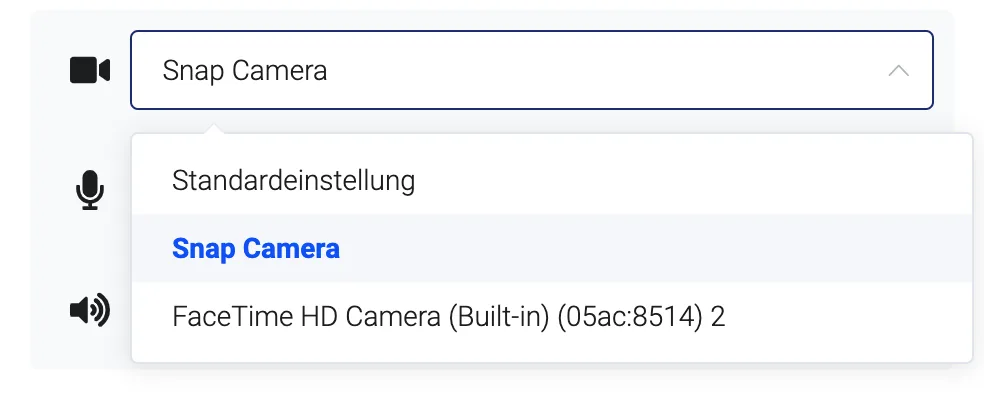 Kamera-Dropdown mit ausgewählter Snap Camera unter den verfügbaren Videoquellen