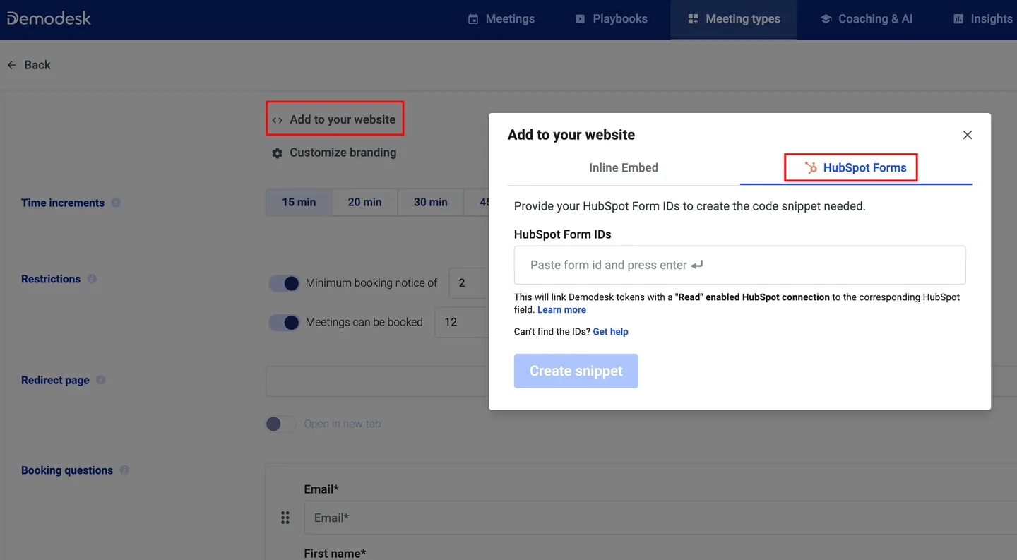 Add to your website dialog on a meeting type with the HubSpot Forms tab and Form IDs field open