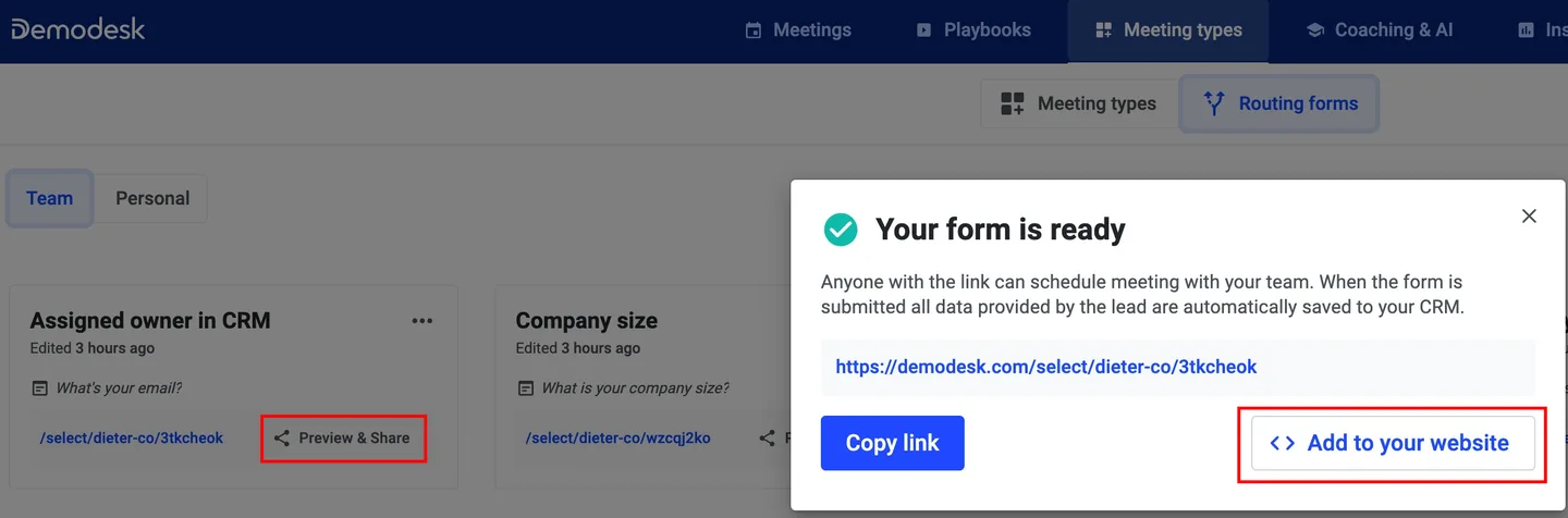 Routing form ready dialog with Preview and Share and Add to your website buttons highlighted