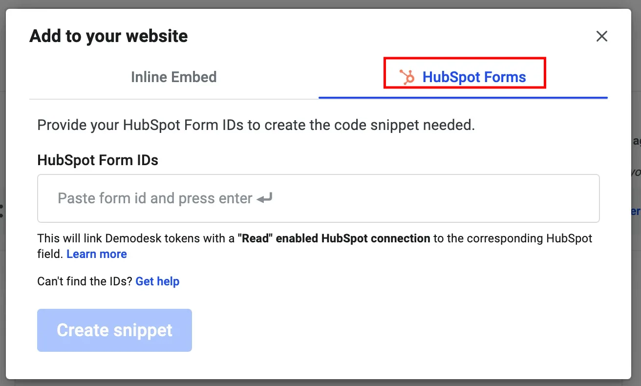 Add to your website dialog for a routing page with the HubSpot Forms tab and empty Form IDs field