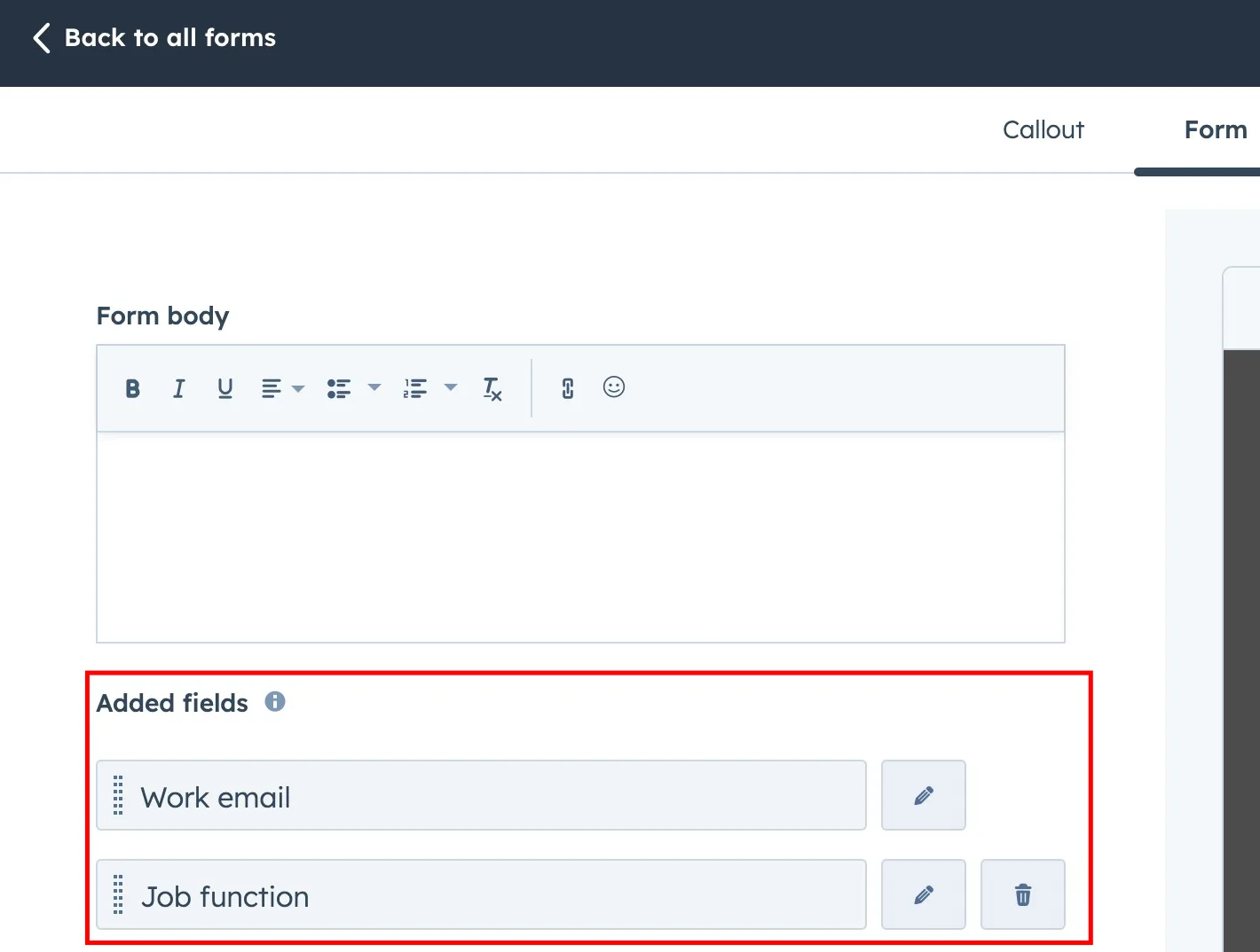 HubSpot form editor with the Added fields section highlighted, showing Work email and Job function
