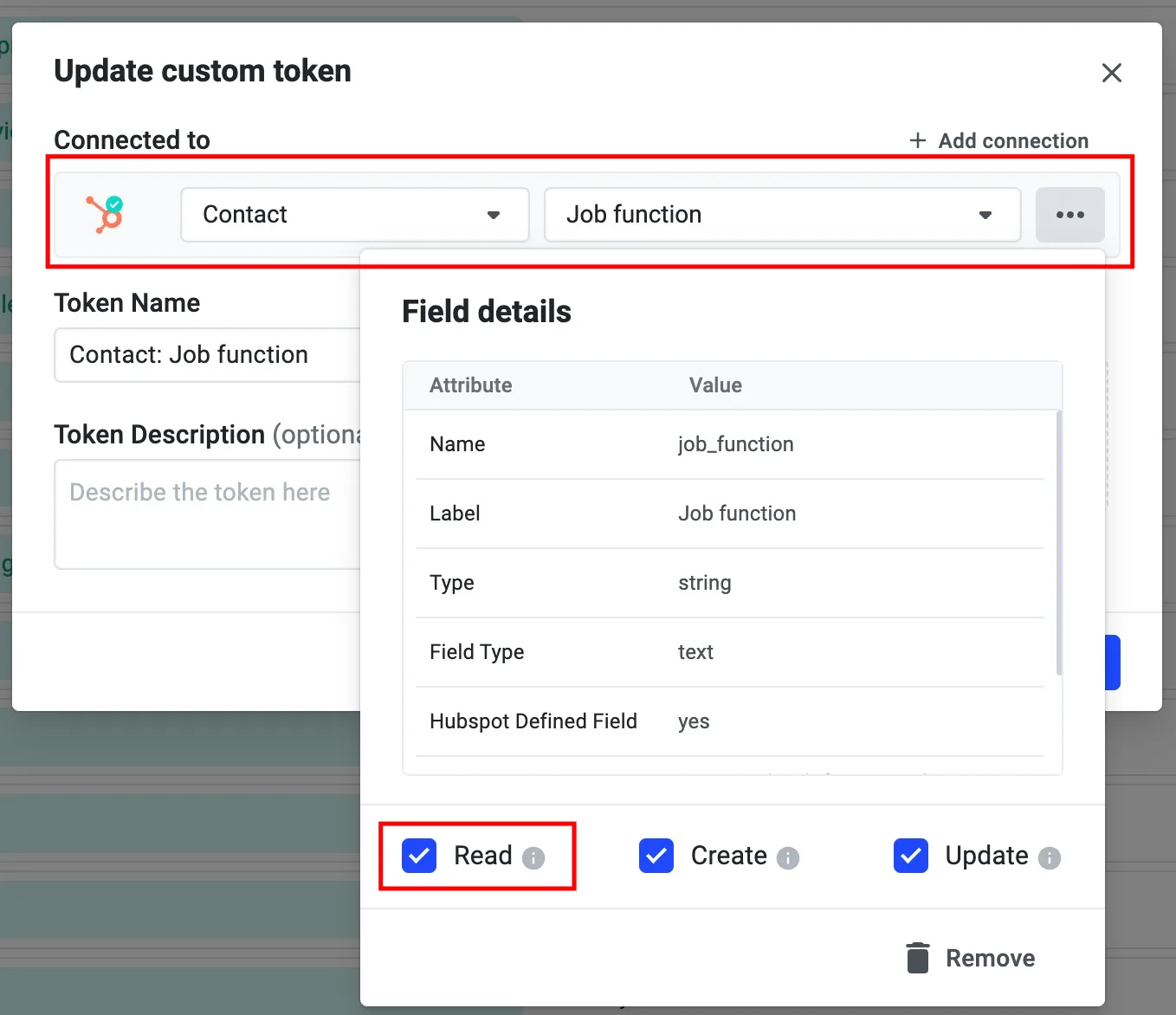 Update custom token dialog connected to the HubSpot Contact Job function field with Read access checked