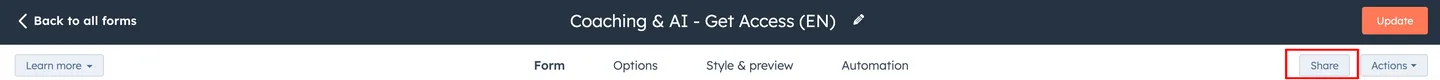 HubSpot form editor toolbar with the Share button highlighted