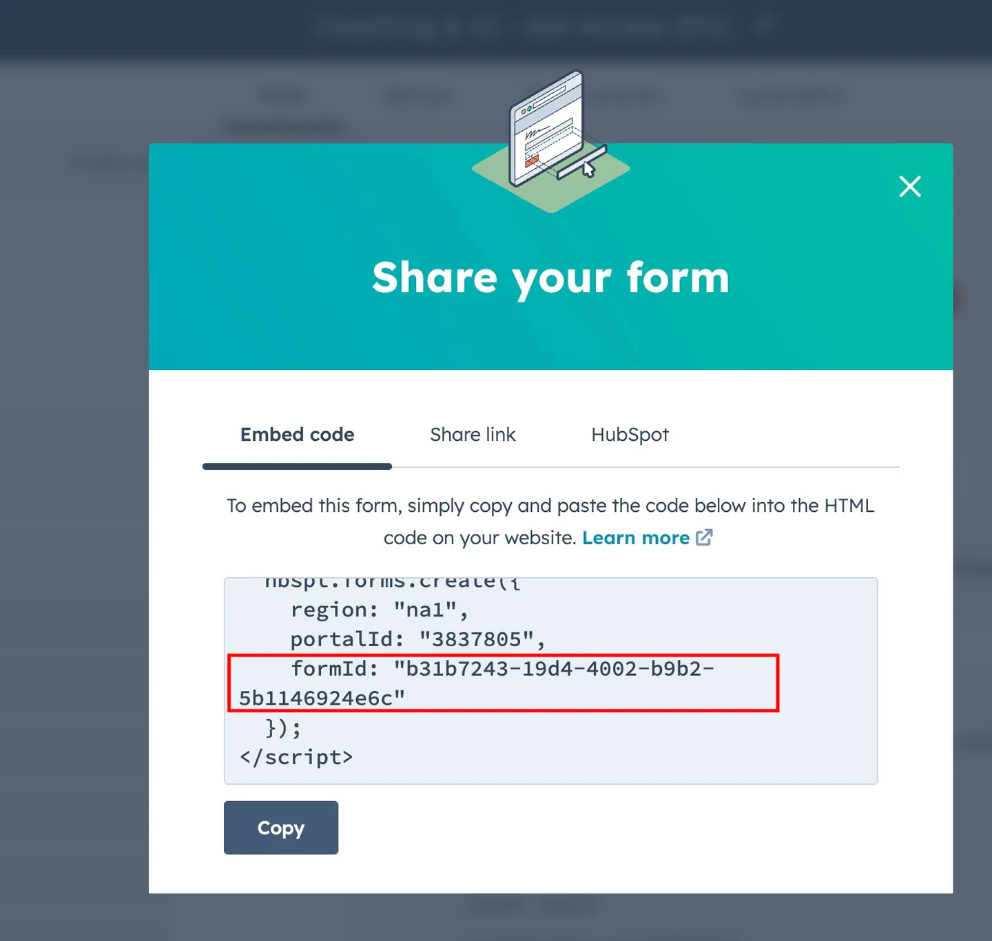 HubSpot Share your form popup with the formId value highlighted in the embed code