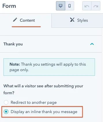 Landing page thank you settings with Display an inline thank you message selected instead of a redirect