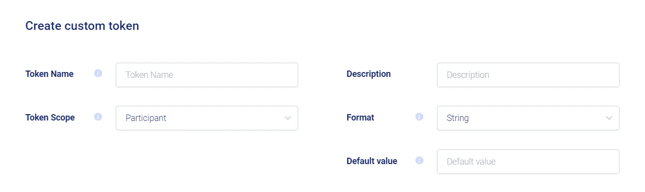 Create custom token form with fields for token name, scope, description, format, and default value