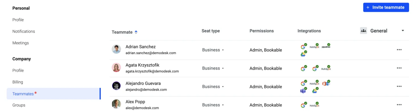 Teammates list showing each member's connected integrations as status icons