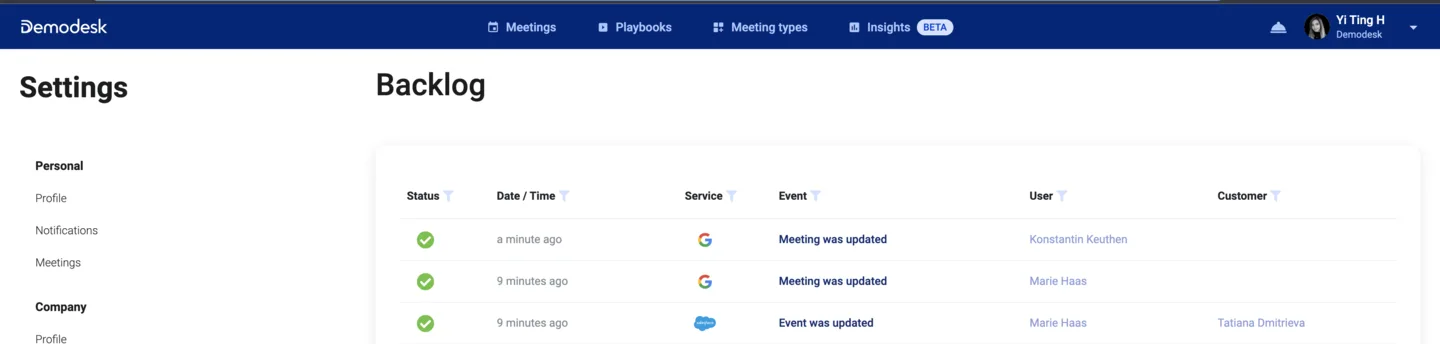 Audit log table showing successful sync events for Google Calendar and Google Drive