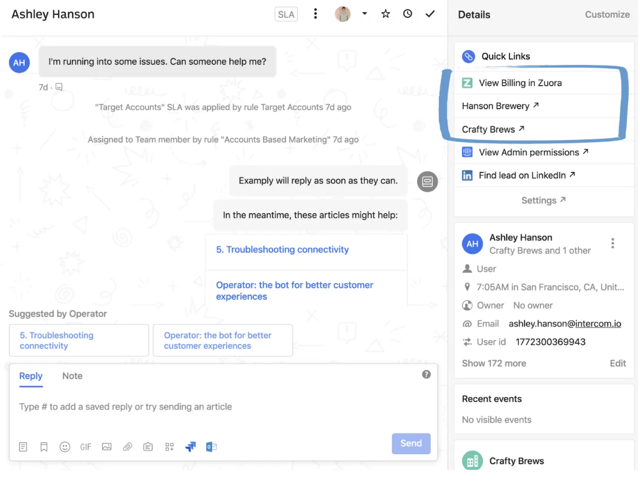 Intercom Quick Links panel highlighting shortcuts to billing and company records in other tools