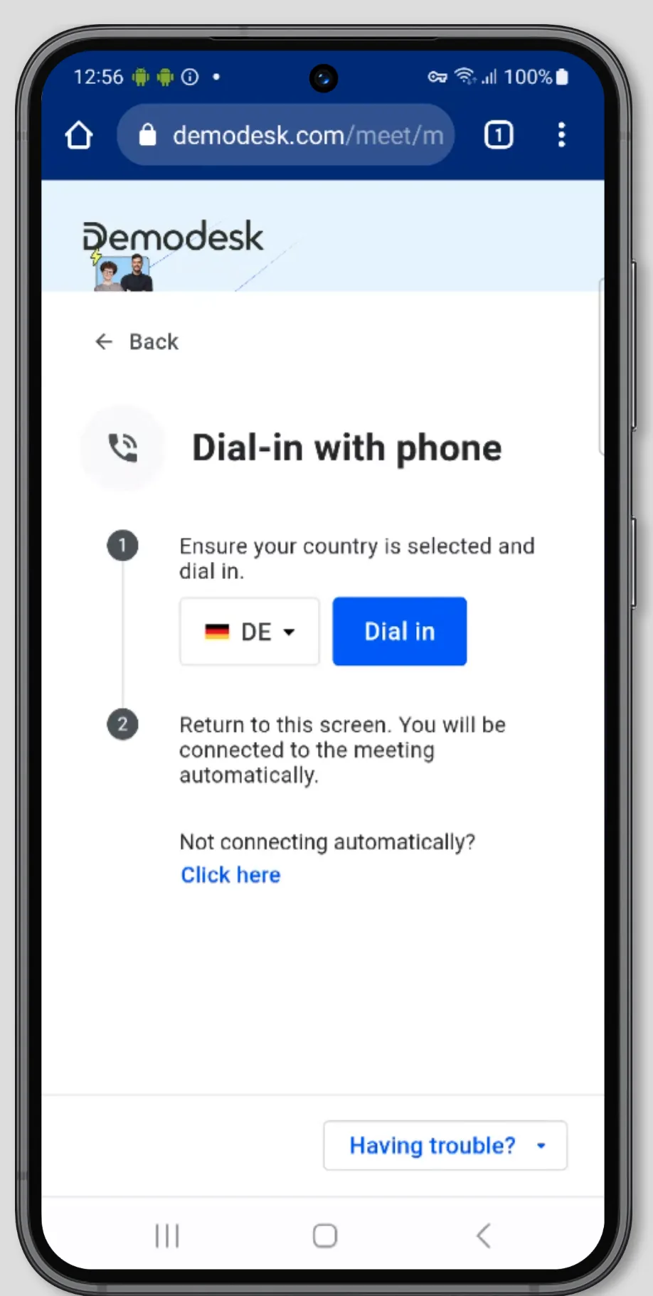 Dial-in with phone screen with Germany selected as the country and the Dial in button