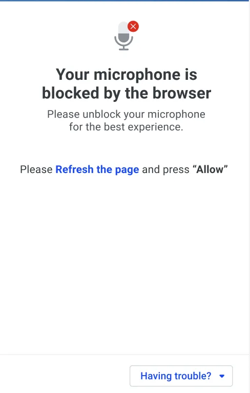 iOS error screen stating the microphone is blocked by the browser, with instructions to refresh and allow