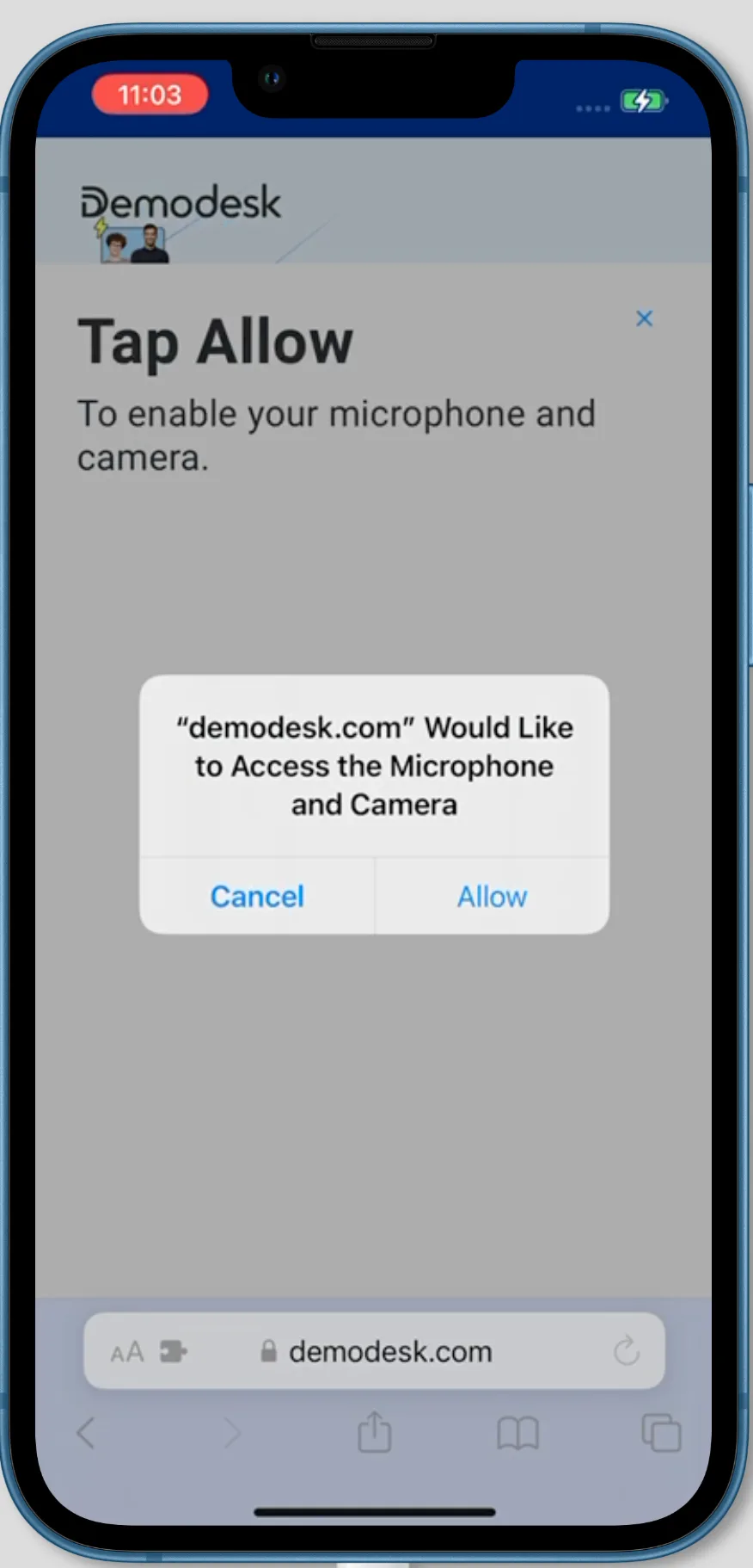 iOS Tap Allow overlay with the system prompt asking to access the microphone and camera