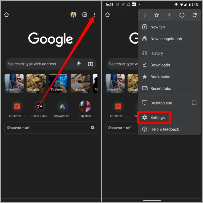 Arrow pointing to the three-dot menu icon with Settings highlighted in the opened menu