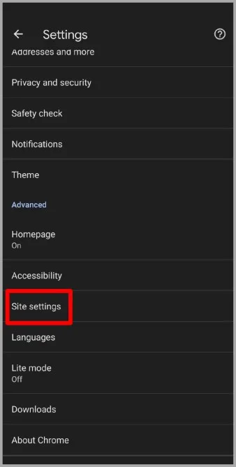 Chrome settings list with Site settings highlighted under the Advanced section