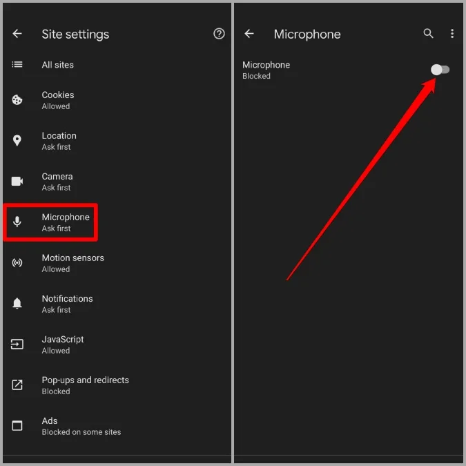 Site settings list with Microphone highlighted, then the Microphone toggle switched off