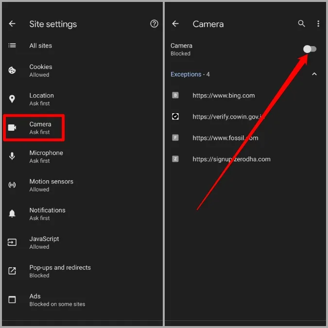 Site settings list with Camera highlighted, then the Camera toggle switched off