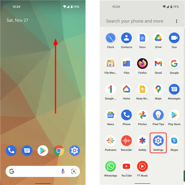 Swipe up from the home screen to open the app drawer, then tap the Settings app icon