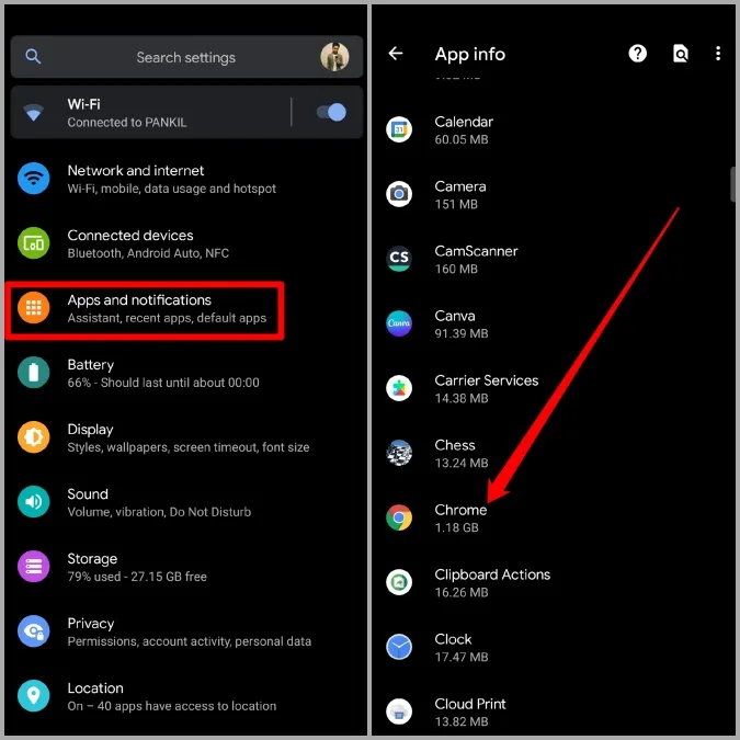 Settings menu with Apps and notifications highlighted, then an arrow pointing to Chrome in the app list