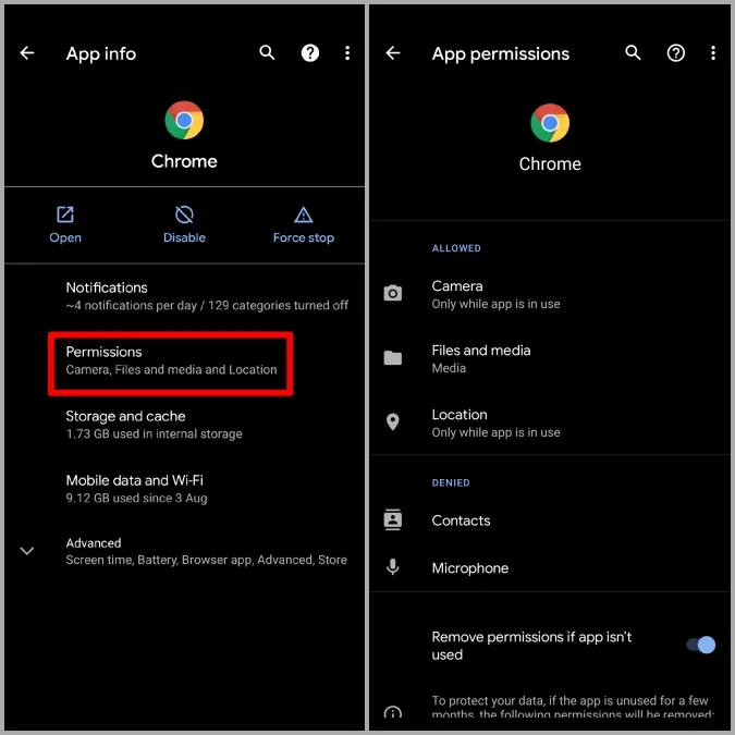 Chrome app info screen with Permissions highlighted, showing Camera allowed and Microphone denied