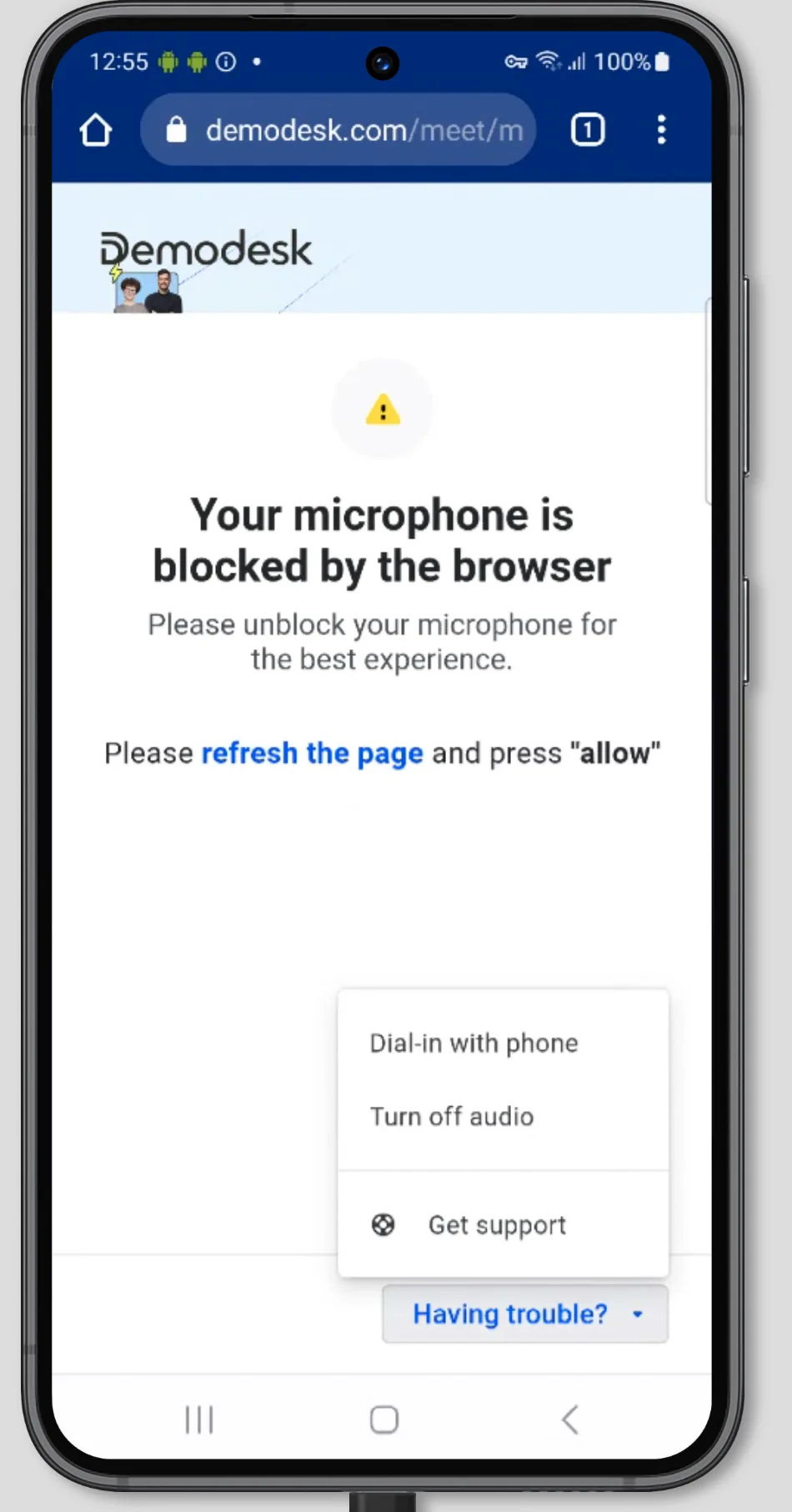 Meeting screen with the Having trouble menu open, showing the Dial-in with phone option