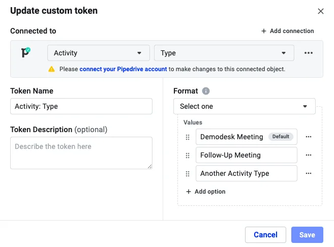 Pipedrive custom token dialog with Activity Type values Demodesk Meeting, Follow-Up Meeting, and Another Activity Type