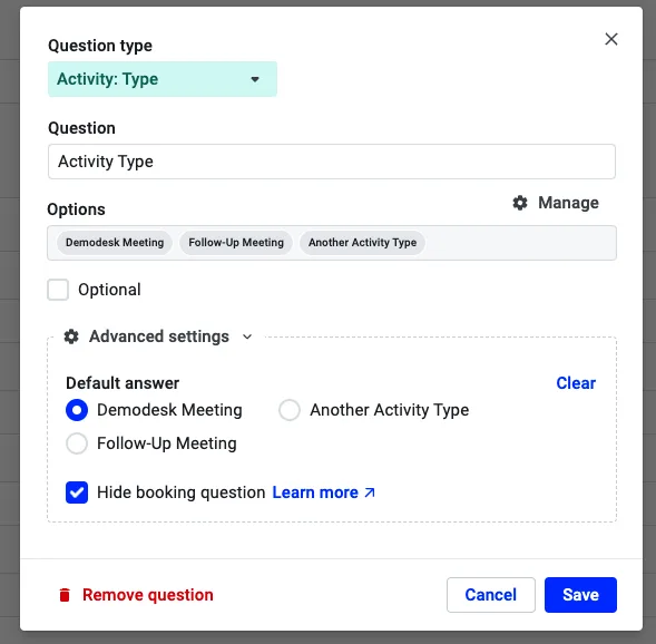 Question type dialog for Activity Type with Demodesk Meeting set as default and hide booking question enabled