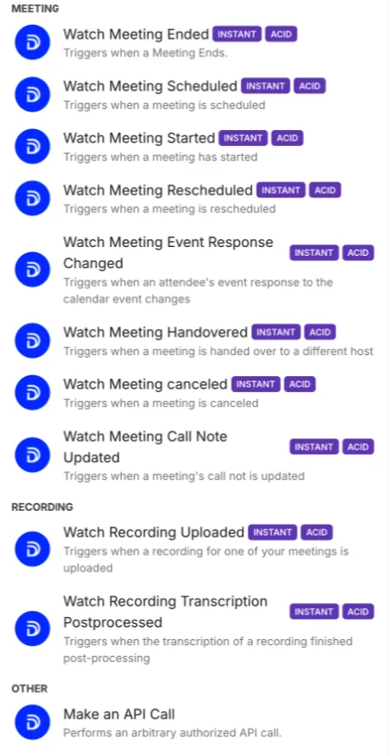 Make trigger module list for Demodesk, grouped into Meeting, Recording, and Other actions