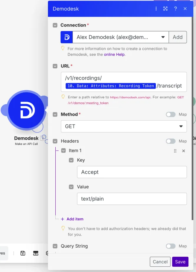 Make an API Call module configured with a GET request to the recording transcript endpoint