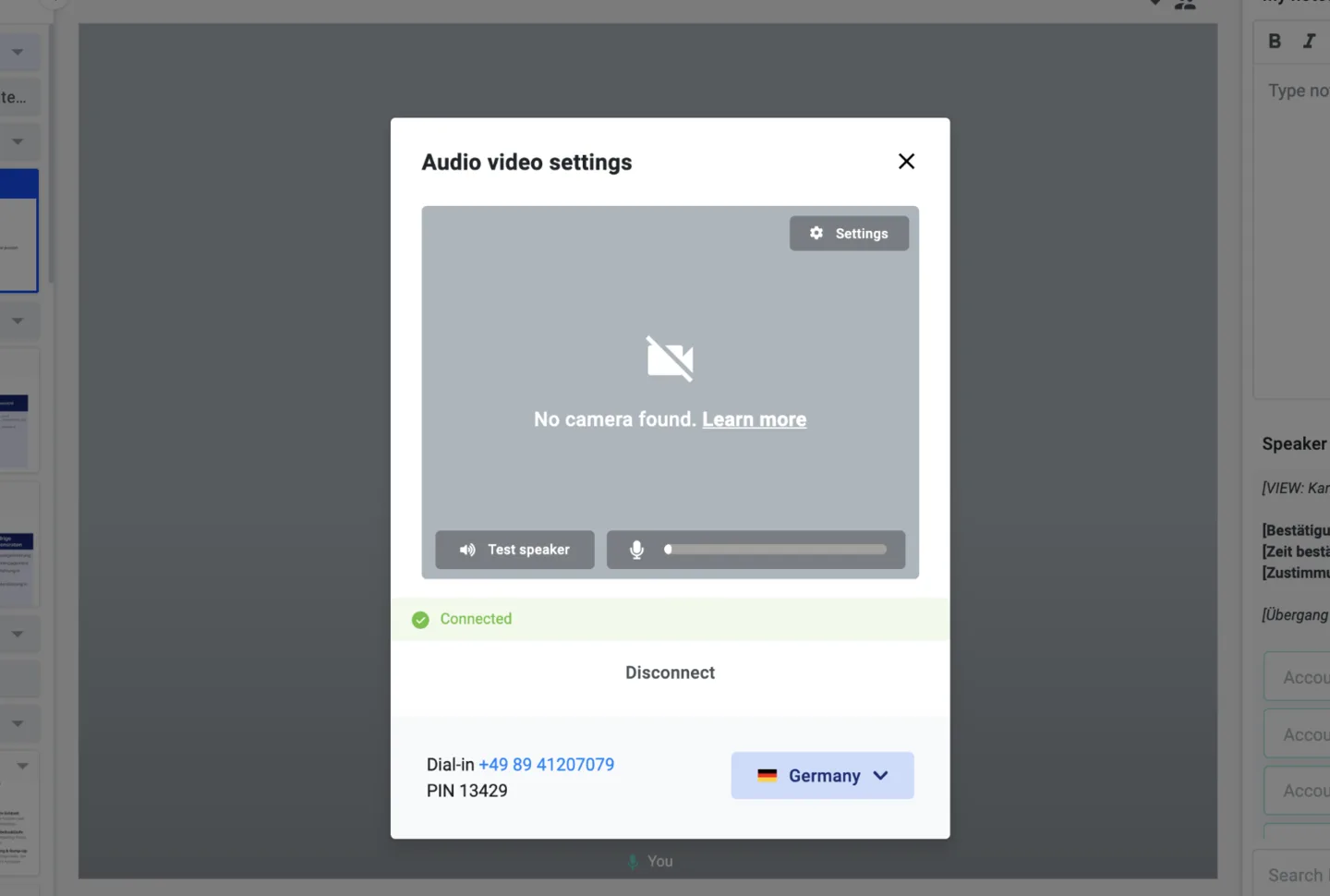 Audio video settings dialog showing a No camera found message and dial-in details