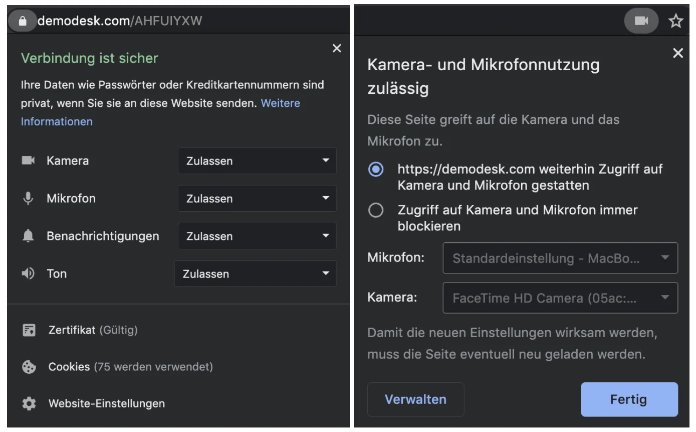 Chrome zeigt Kamera und Mikrofon auf Zulassen sowie ein Popup zur Auswahl der Audio- und Videogeräte