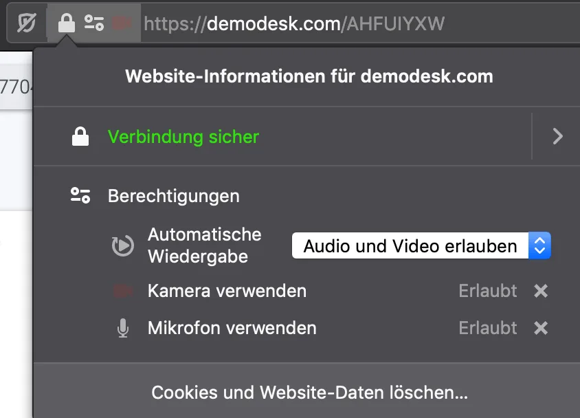 Firefox-Berechtigungsmenü zeigt Kamera und Mikrofon als Erlaubt für die Demodesk-Seite