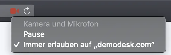 Safari-Kamera-Symbol-Menü mit ausgewähltem Immer erlauben für demodesk.com