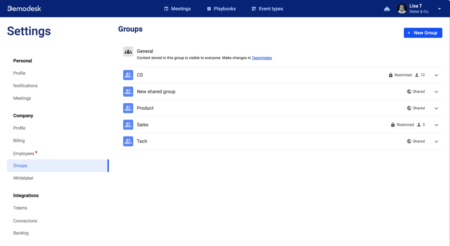 Groups settings page listing General plus restricted and shared groups with member counts