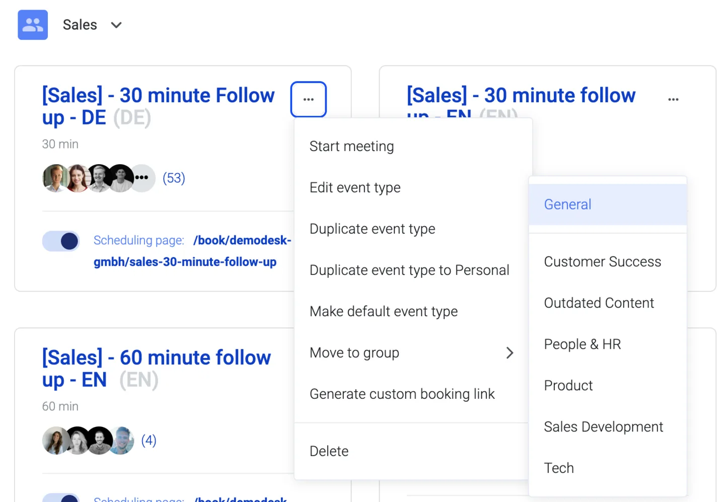 Event type options menu open with Move to group submenu listing available groups