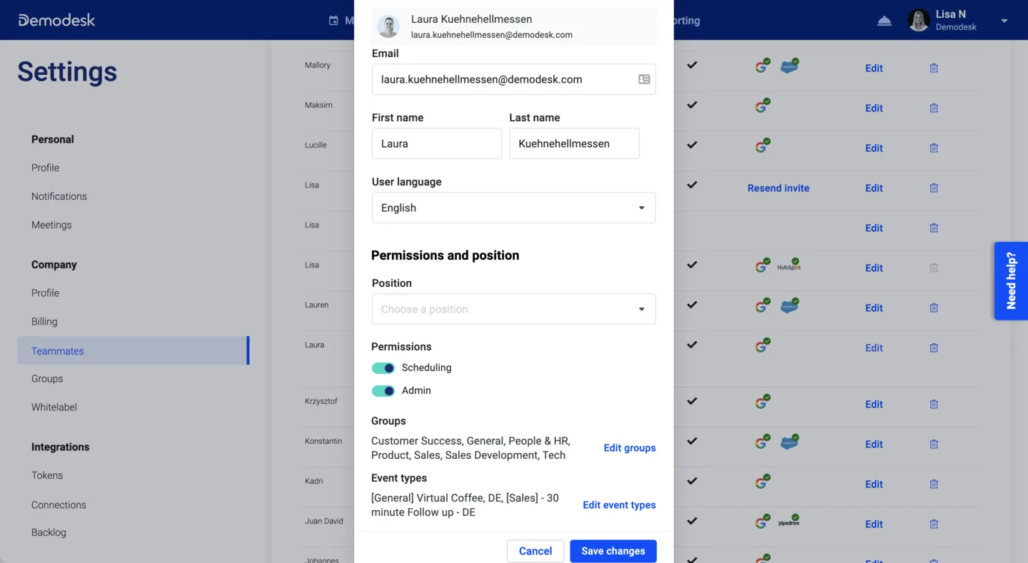 Teammate profile panel showing a user's permissions, assigned groups, and event types