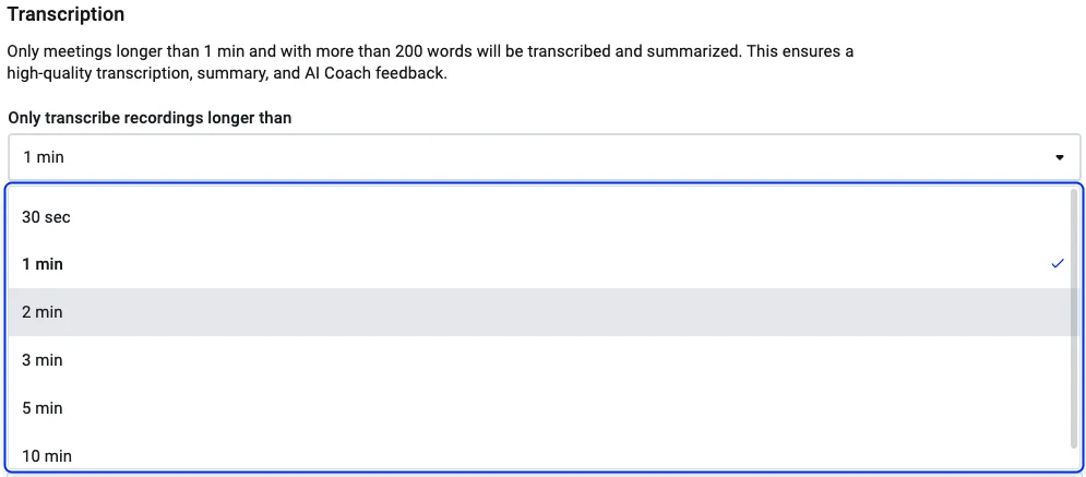 Transcription settings with Only transcribe recordings longer than set to 1 min, dropdown open