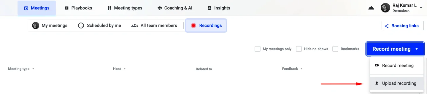 Recordings tab with the Record meeting menu open and Upload recording highlighted